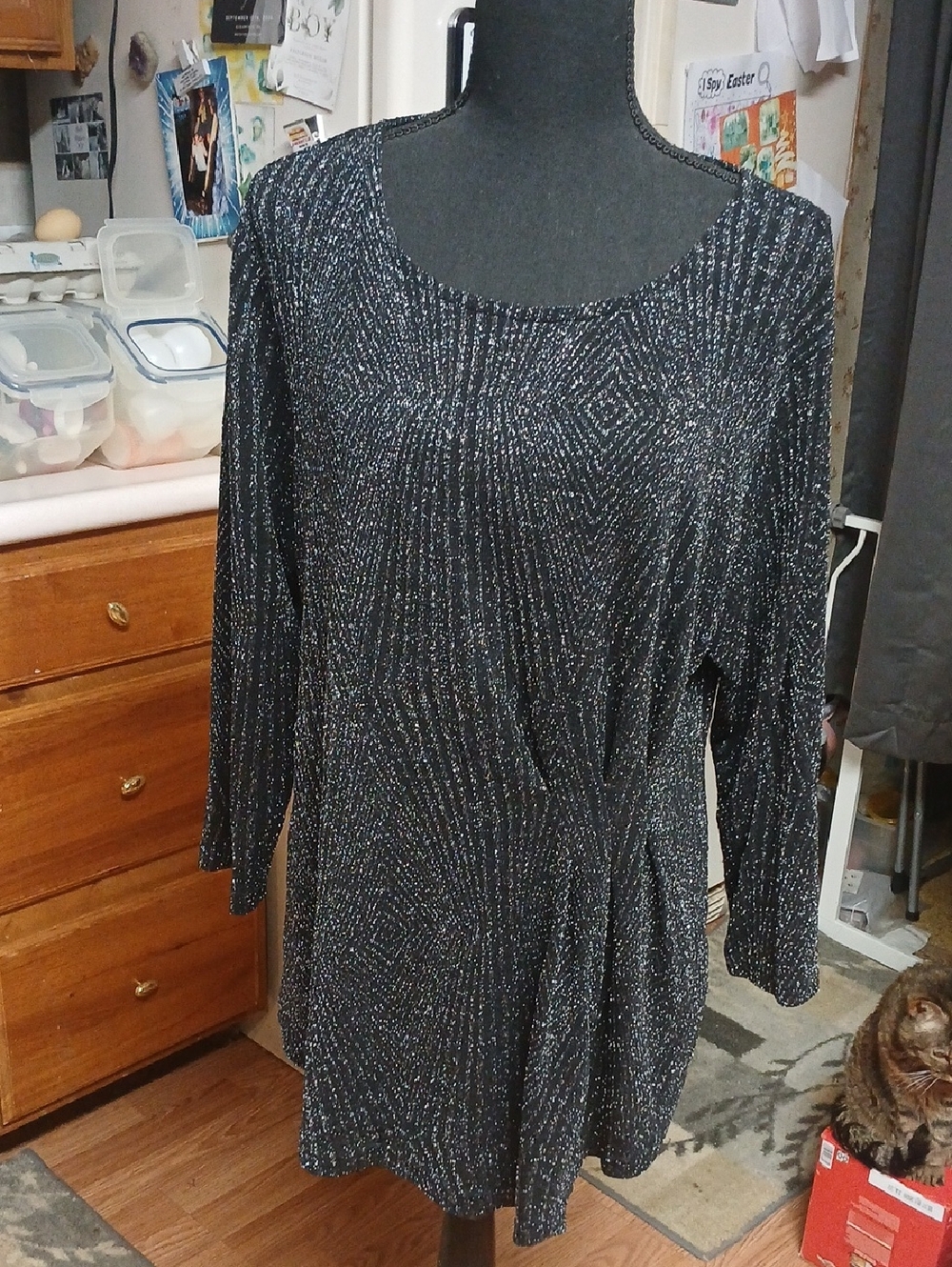 BELLE by Kim Gravel Black Metallic Long Sleeve Pleated Tunic Top